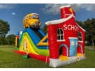 School House & Bus obstacle course rental in Houston with yellow slide, perfect for Cypress birthday parties and events.