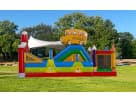 Perfect for Garland birthday parties, this school bus obstacle course rental in Dallas features a slide and climbing wall