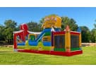 School bus obstacle course rental in Dallas with slide and tower—ideal for Garland birthday parties.