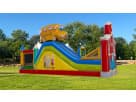 Perfect for Irving birthday parties, this School House & Bus obstacle course rental in Dallas features a yellow base, blue slide