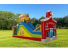 School House & Bus obstacle course rental in Austin with slide and climbing wall, perfect for San Marcos birthday parties.