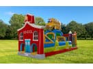 School House & Bus obstacle course rental in Dallas with attached slide tower, ideal for kids' parties in Arlington.