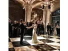 Black & White Dance Floor rental in Dallas — 16ft x 16ft elegant surface ideal for weddings and Plano events.
