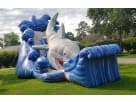 Gone Fish'n shark water slide rental in Houston with wet and dry capability, set up on a grass lawn ideal for Sugar Land parties.