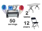 Snow cone machine rental in Austin with 2 tables and 12 chairs, ideal for Pflugerville events.