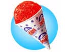 Red and white snow cone cup with purple snowflakes filled with bright red shaved ice, perfect for Dallas party rentals serving 50