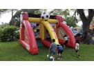 Soccer Fever inflatable game rental in Dallas with dual slides, ideal for competitive backyard parties in Plano.