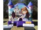 Sofia the First Disney bounce house rental in Austin with castle towers, ideal for kids 3 and up at backyard birthday parties.