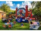 Perfect for Dallas birthday parties, this Spider-Man bounce house rental features a 15x15 size ideal for up to 8 kids with slide