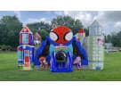 Spider-Man toddler obstacle course rental in Austin with dual towers and slide, holds 8 kids, ideal for Pflugerville parties.