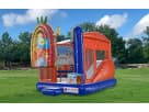 SpongeBob 5in1 bounce house with dual slides for Houston rentals, holds up to 8 kids, ideal for Conroe birthday parties.