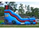 Austin train-themed bounce house and slide rental with numbered locomotive engine, perfect for Pflugerville celebrations.