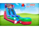 15ft DC Super Hero Girls wet-dry slide rental in Austin — colorful inflatable water slide perfect for Kyle birthday parties