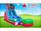 15ft Superheroes Retro water slide rental in Houston—wet or dry dual-lane inflatable perfect for Spring birthday parties.
