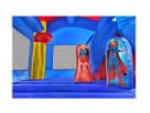 Superman 6-in-1 combo bounce house with wet or dry slide rental in Houston, featuring red, blue, and yellow character graphics