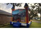 Thomas the Train 15x15 bounce house rental in Dallas with dual towers, ideal for Mesquite birthday parties.