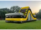 Yellow and black water slide combo rental with dual lanes and climbing wall, ideal for Garland backyard parties.