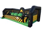 Perfect for Lewisville birthday parties, this black and yellow inflatable obstacle course rental in Dallas features tunnel