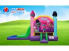 Perfect for Houston parties, this Trolls bounce house rental features a wet or dry slide with dual towers in vibrant pink