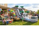 Palm tree water slide rental in Austin with wet and dry play options, kids enjoying backyard party setup with balloon decorations.