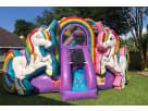 Colorful unicorn toddler water slide rental in Dallas with rainbow manes and dual slides, ideal for Garland birthday parties.