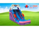 Dual-lane unicorn water slide rental in vibrant pink and purple, ideal for Spring parties and backyard fun.
