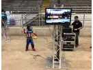 Captain America character performer with professional VR arcade rental equipment in Austin—motion-tracking virtual reality