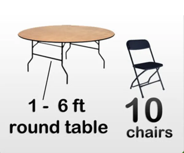 1 6ft Adult Round Table, 10 Black Chairs