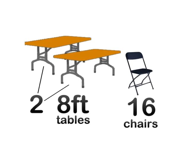 2 8ft Rectangle Tables & 16 Black Chairs