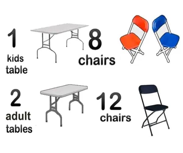 1 Kids Table, 8 Kids (Bue/Red) Chairs + 2 Adult Tables, 12 Adult Chairs