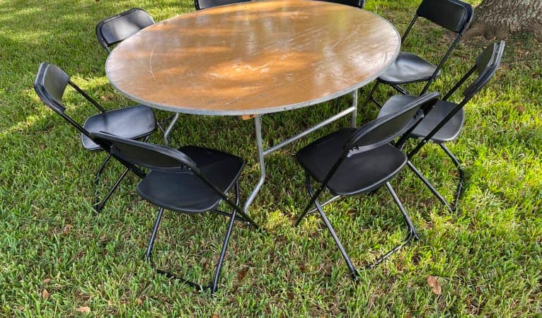 USA 6ft Adult Round Table, 10 Black Chairs Rentals Sky High